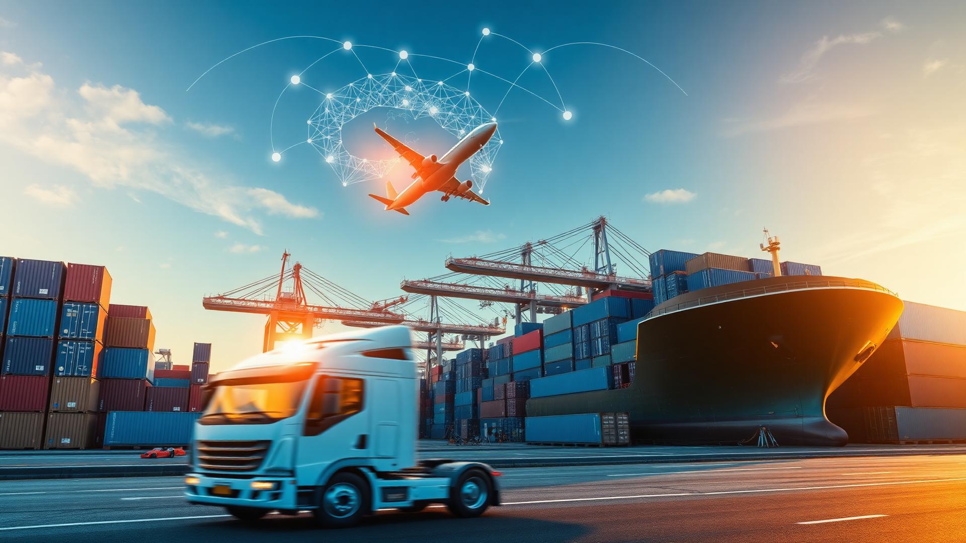 Global logistics — cargo port, ship, truck and airplane